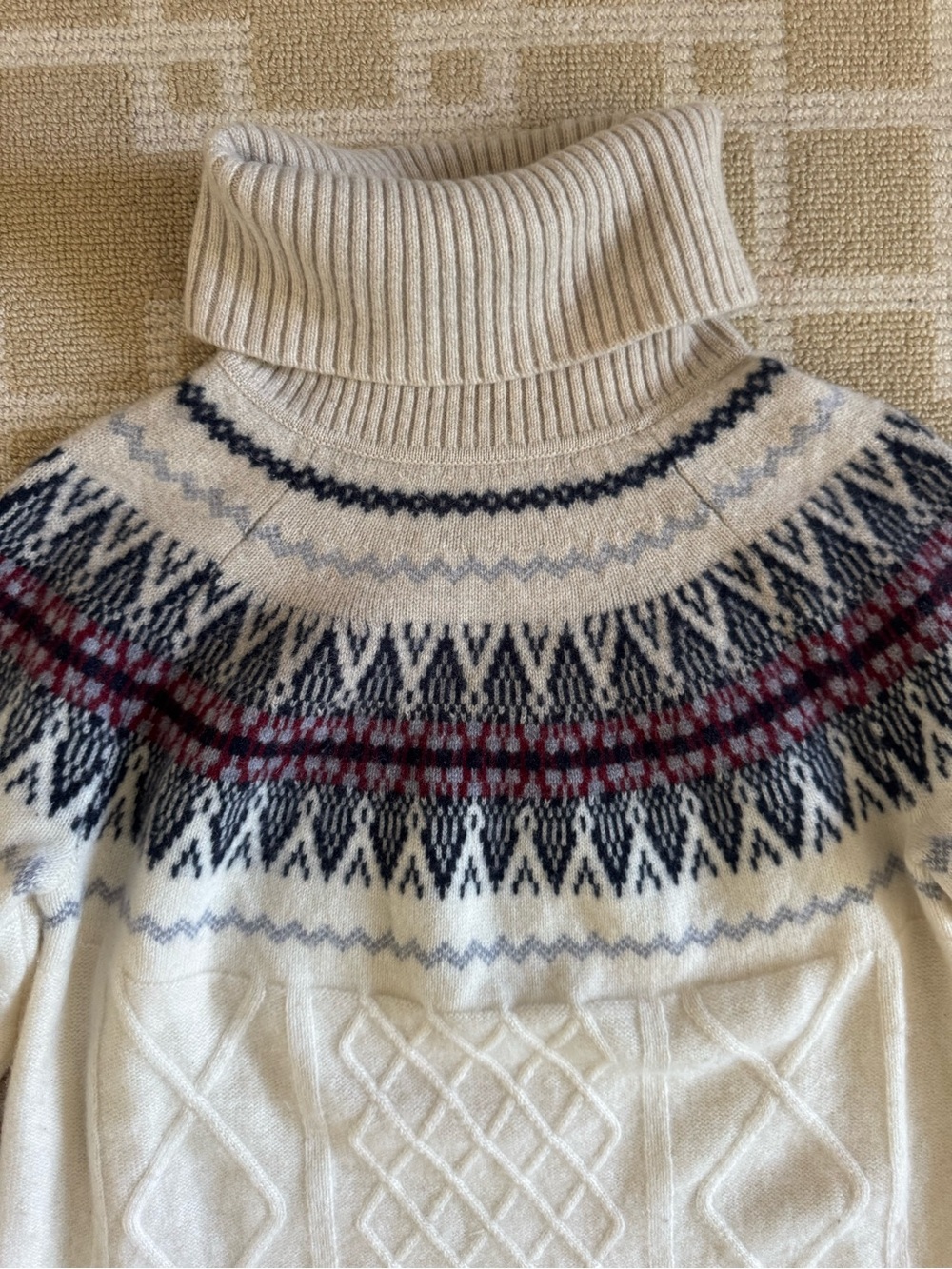 Orvis 100% Cashmere Fair Isle Cable Knit Turtleneck Sweater Ivory Medium - Picture 6 of 10